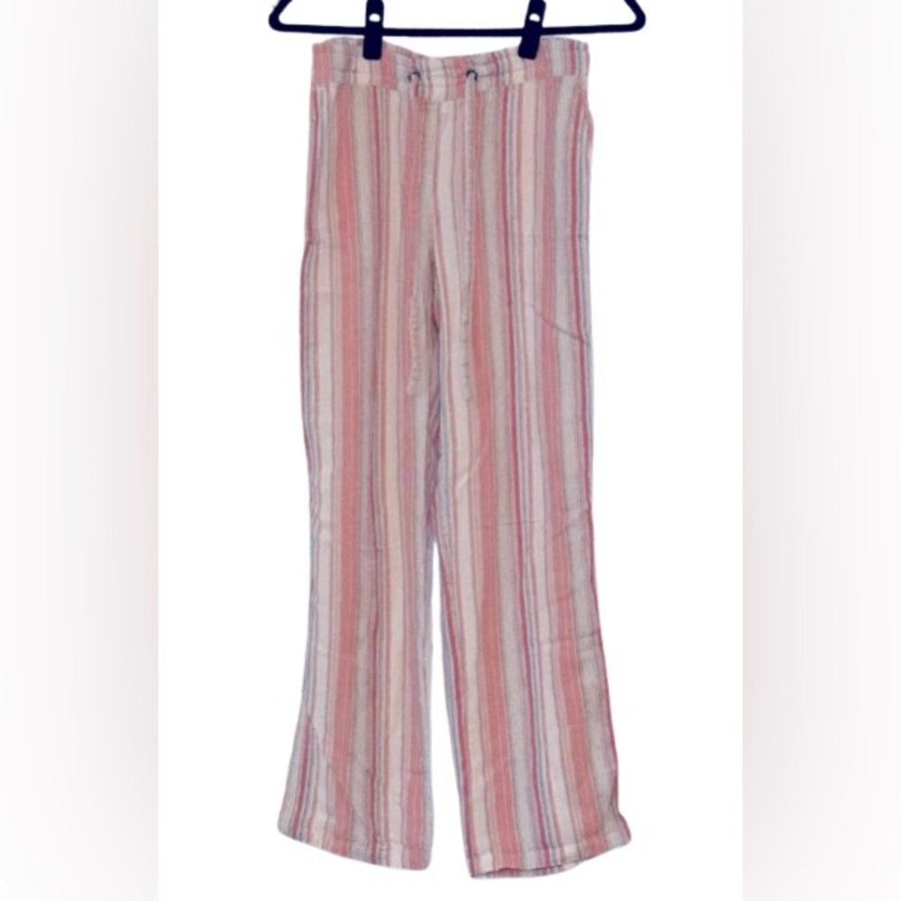 Beach Boho Chic Linen Blend Per Se Medium Striped Pink White Pants Resort